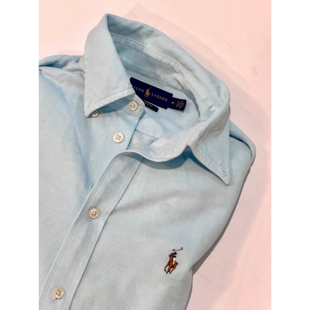Ralph Lauren Knit Oxford Shirt Mens M Slim Light Blue Pony 100% Cotton 18x26 - Picture 1 of 13